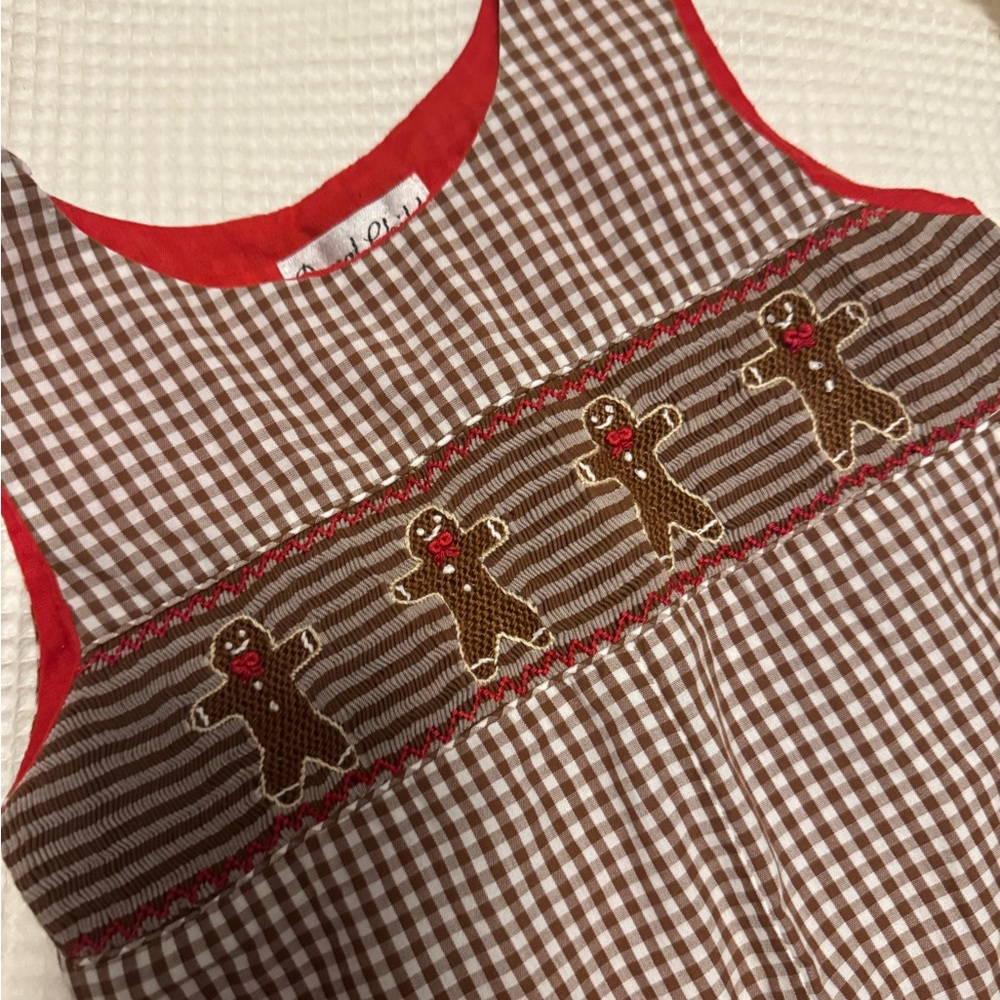 Brown and Red Gingham Smocked Shortall with Gingerbread Design Christmas